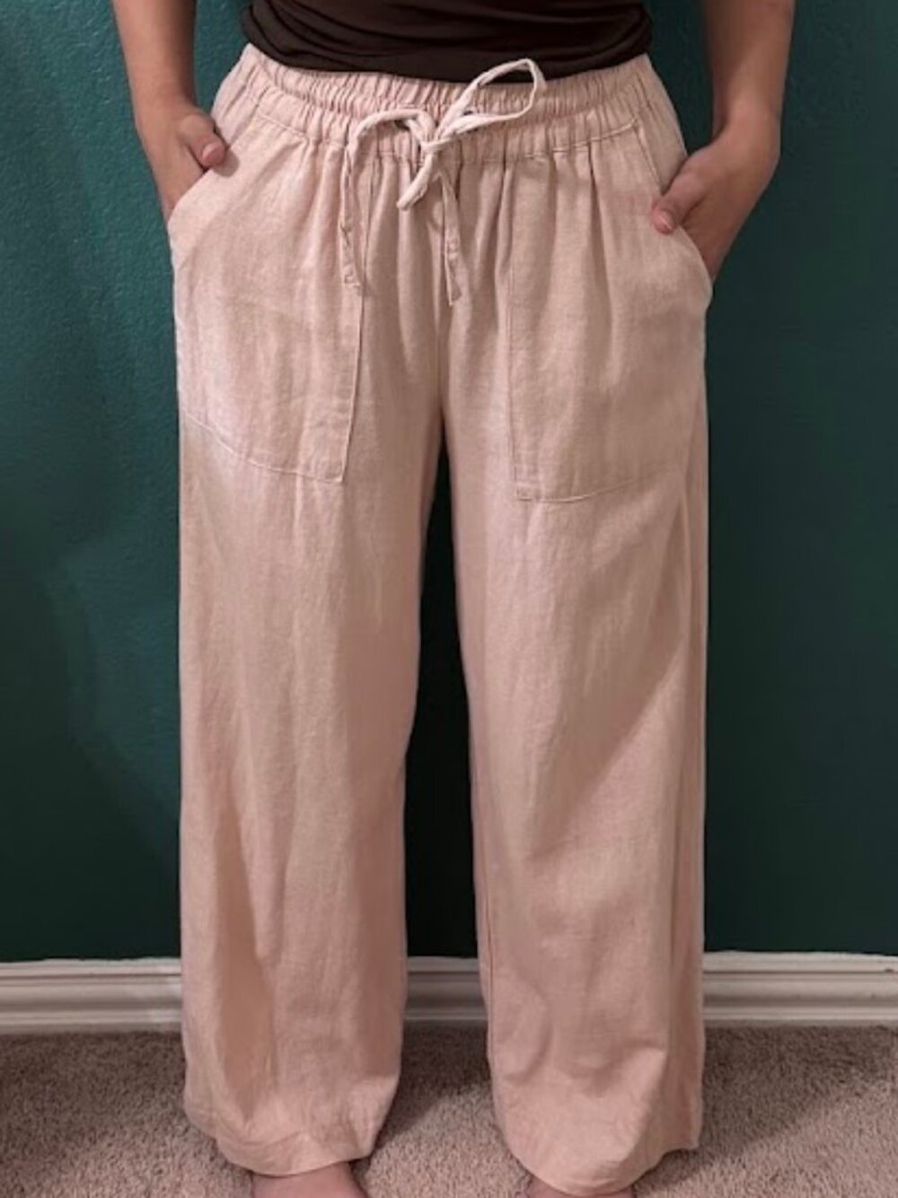 NWT Linen Blend Zenana Wide Leg Drawstring Pants - Blush Pink - Small NWT
